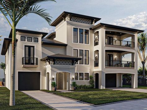 050H-0403: 4-Bedroom Coastal House Plan 3 Story Beach House Plans, 3 Story Beach House, Advanced House Plans, Houses Mansions, Beach House Plan, Nice Beach, Mediterranean House Plan, Mechanical Room, Coastal House Plans