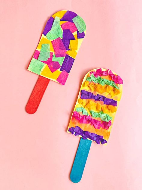 Arts And Crafts For Kids Toddlers, Popsicle Craft, Summer Preschool Crafts, Summer Arts And Crafts, Babysitting Crafts, Tissue Paper Craft, Crafts Simple, Summer Camp Crafts, Toddler Arts And Crafts