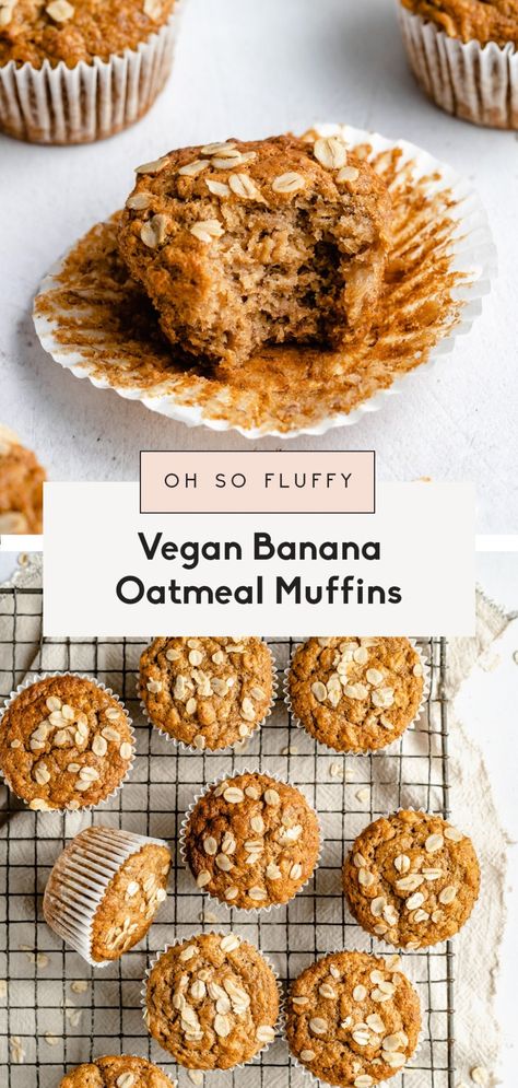 The fluffiest vegan banana oatmeal muffins you'll ever make! These easy vegan banana muffins are naturally sweetened with banana and coconut sugar and made extra nutritious with oatmeal. Options to add chocolate chips or chopped nuts for the perfect breakfast or snack! #muffins #vegan #bananamuffins #healthybreakfast #healthysnack #dairyfree Recipe With Applesauce, Low Carb Vegan Breakfast, Muffins Chocolate Chip, Vegan Banana Muffins, Banana Muffins Recipe, Banana Oatmeal Muffins, Healthy Banana Muffins, Breakfast Vegan, Dairy Free Chocolate Chips