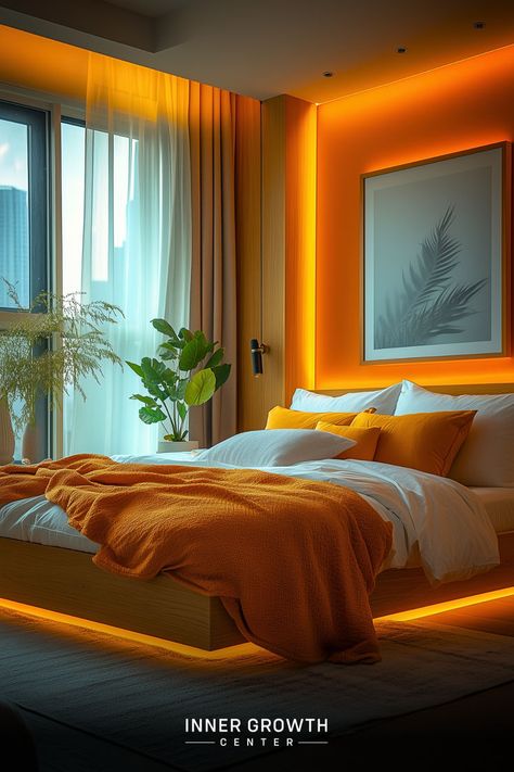 Modern bedroom with warm amber lighting, white bedding, orange accents, and tropical plants. Sunset Bedroom Decor, Purple And Orange Bedroom Ideas, Mindful Bedroom, Sunset Inspired Bedroom, Sunset Aesthetic Room, Sunset Room Decor, Sunset Bedroom Aesthetic, Tranquil Bedroom Ideas, Wellness Sanctuary