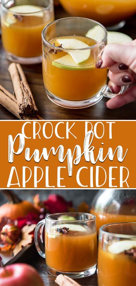 This easy Crock Pot Pumpkin Apple Cider is the ultimate fall drink, whether served hot or cold! Smooth, spicy apple cider is slow cooked with the comforting flavor of pumpkin, and makes your house smell like grandma's during the holidays! Pumpkin Apple Cider, Crock Pot Pumpkin, Crockpot Drinks, Fall Cider, Pumpkin Crockpot, Cider Drinks, Apple Cider Recipe, Fall Drink, Spiced Apple Cider