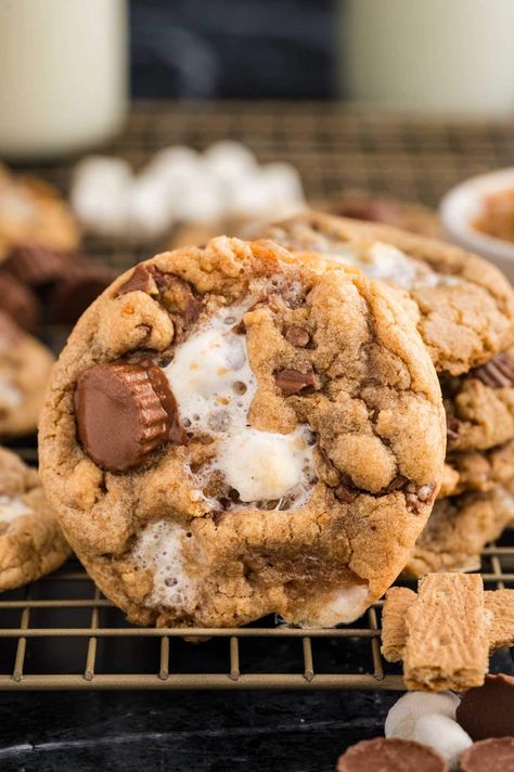 Peanut Butter S'mores Cookies Peanut Butter Smores Cookies, Ree Drummond Smores Cookies, Smores Cookies With Graham Crackers, Peanut Butter S’more Cookies, S’more Crumbl Cookies, Peanut Butter Smores, Salad Recipes Lunch, S Mores Cookies, Smores Cookies