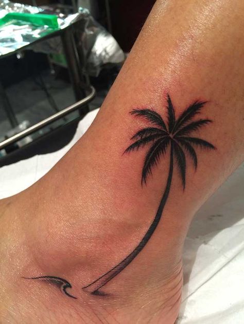 palm tree tattoo - Google Search Palm Tree With Hibiscus Tattoo, Tree Tattoo Ankle, Palm Tree Tattoo Ankle, Tree Tattoo Arm, Ankle Tattoo Designs, Wave Tattoo, Palm Tattoos, Summer Tattoo, Tree Tattoo Designs