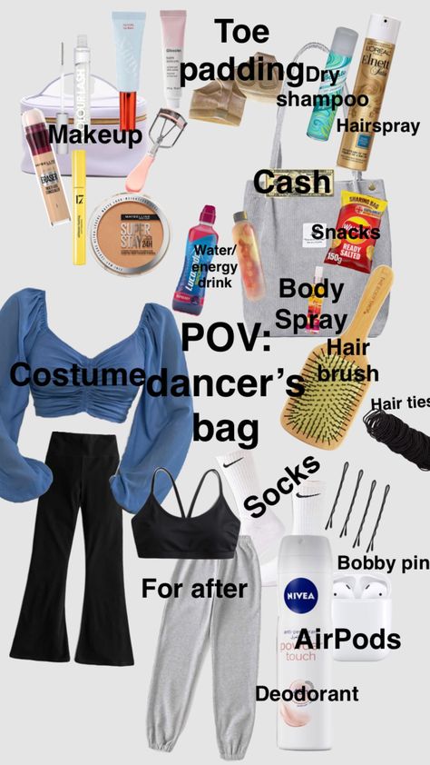 #dance #bag #whattopack #makeup #competition #costume #vibes What To Keep In Dance Bag, Makeup Ideas For Dance Competition, Dance Makeup Bag, Dance Comp Checklist, Preppy Dance Competition, Sport Bag Essentials, Makeup For Dance Competition, What To Pack In A Dance Bag, Dance Bag Organization