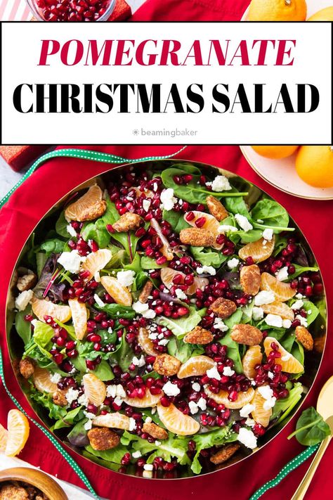 Bright, fresh, sweet and delicious: Christmas Salad includes juicy clementine oranges, pomegranate, sweet candied pecans, and feta cheese with fresh spring greens all wrapped in the best honey mustard dressing! | Recipe at BeamingBaker.com Chopped Cucumber Pomegranate And Tangerine Salad, Pomegranate Pecan Salad, Apple Pomegranate Harvest Salad, Orange And Pomegranate Salad, Pomegranate Seed Salad, Christmas Pomegranate Salad, Pomegranate Orange Salad, Feta Pomegranate Salad, Christmas Salad Pomegranate