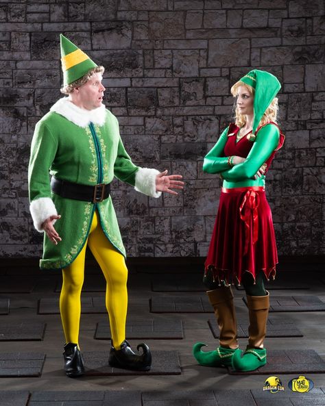 Couples Elf Costume, Buddy The Elf And Jovie Costume, Buddy And Jovie Costume, Jovie Elf Costume, Elf Cosplay Ideas, Christmas Costumes Couples, Buddy Elf Costume, Buddy The Elf Costume, Sully And Boo