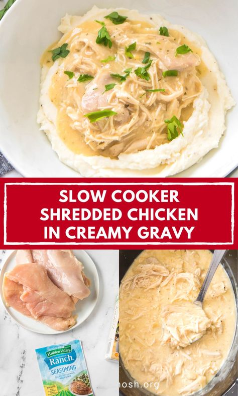 Creamy Chicken Gravy, Slow Cooker Chicken And Gravy, Food Slow Cooker, Crockpot Chicken And Gravy, Chicken Gravy Recipe, Chicken And Gravy, Slow Cooker Shredded Chicken, Over Mashed Potatoes, Crock Pot Potatoes