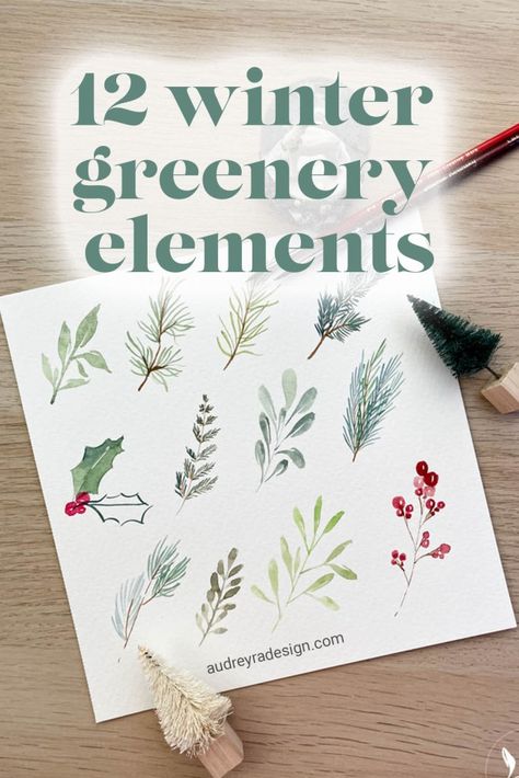 Painted Greenery, The Spruce, How To Paint Greenery, Watercolor Holiday Cards Diy, Winter Plant Drawing, Watercolor Christmas Tags, Winter Flowers Watercolor, Winter Watercolor Simple, Watercolor Christmas Greenery