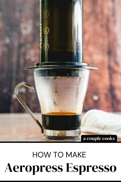 Here's how to make Aeropress espresso! You can get close to the real thing using this inexpensive coffee maker. #aeropress #espresso #espressorecipe #aeropresscoffee #easyespresso Espresso Recipe, Aeropress Recipes, A Couple Cooks, Ways To Make Coffee, Espresso Recipes, Portable Coffee Maker, Aeropress Coffee, Espresso At Home, Couple Cooking