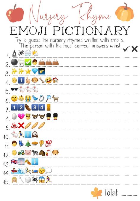 Nursery Rhyme "Emoji Pictionary" fall theme pumpkin Baby Shower Game Emoji Nursery Rhyme Game Free, Nursery Rhyme Theme Party, Emoji Pictionary Baby Shower Game, Nursery Rhyme Baby Shower Game, Free Nursery Rhymes, Nursery Rhyme Party, Nursery Games, Nursery Rhyme Theme, Emoji Game