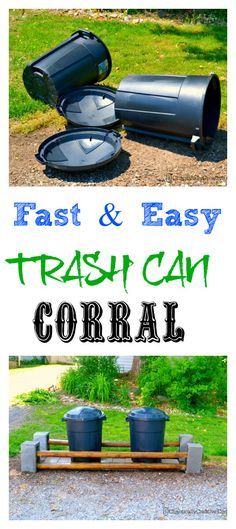 Need a easy way to keep trash cans from falling over. Trash Can Corral DIY Outdoor Trash Can Ideas, Wood Trash Can Holder, Backyard Updates, Wood Trash Can, Shed Makeover, Custom Garage Doors, Outdoor Trash Cans, Mailbox Posts, Outdoor Toilet