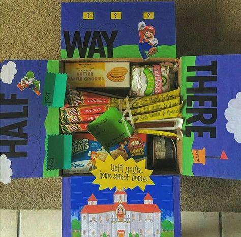 Mario and Princess Peach halfway care package Mario Gift Basket, Mario Care Package, Super Mario Gift Basket, Star Wars Care Package, Themed Boxes Care Packages, Soldier Care Packages, Family Box, Mario And Princess Peach, College Care Package