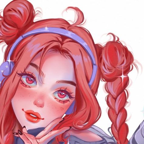 Red Hair Oc Girl, Pink Skin Character, Red Hair Girl Drawing, Pink Hair Character Art, Cute Pfps Aesthetic, Red Hair Drawing, Pfp Reference, Red Hair Icon, Candy Palette