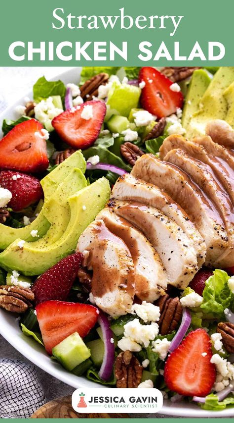 Strawberry Chicken Salad recipe! Packed with juicy fresh strawberries, tender grilled chicken, and a tangy balsamic vinaigrette, this salad is perfect for a light and satisfying summer meal. via @foodiegavin Strawberry Chicken Salad Recipe, Strawberry Chicken, Amazing Salads, Strawberry Chicken Salad, Strawberry Vinaigrette, Balsamic Vinegar Chicken, Grilled Chicken Tenders, Healthy Chicken Salad, Chicken Salad Recipe