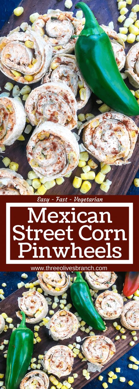 Using the flavors of elote, Mexican Street Corn Pinwheels are a simple and fast appetizer recipe. Corn, cotija cheese, cream cheese, lime, cilantro, and chili powder in a roll up. Make in advance for vegetarian game day, party appetizer finger food, and entertaining. #rollups #appetizerrecipes Street Corn Pinwheels, Sweet Corn Appetizer, Vegetarian Finger Food Recipes, Mexican Street Corn Bites, Mexican Street Corn Appetizer, Fajita Appetizers, Vegetarian Appetizers For Party Easy Finger Foods, Appetizer To Go With Chili, Street Corn Appetizer