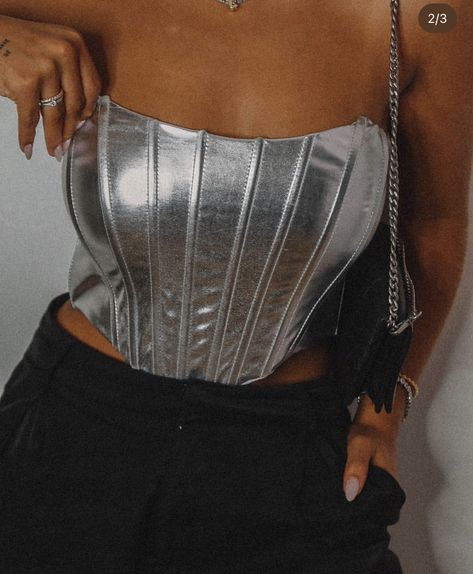 2025 Outfit, Fancy Short Dresses, Corset Outfit, Lycra Fabric, Glam Girl, Silver Tops, Aesthetic Grunge, Bustiers, Fashion Tops