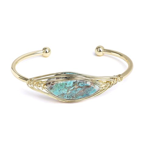 PRICES MAY VARY. ✨Unique design: The cuff bracelet has a simple yet elegant design with a minimalist aesthetic, perfect for everyday wear. The wire wrapped around the gemstones adds a bit of visual interest and texture, making it stand out from the crowd. ✨Excellent Material: The bangle bracelet is made of gold-plated copper wire and natural stones. This gives it a shiny metallic look that is both eye-catching and durable green crystals are encased in the wire, adding color and texture to the br Gemstone Cuff Bracelet, Energy Jewelry, Wire Wrapped Bangles, Bangles Making, Turquoise Bracelet Cuff, Handmade Bangles, Cuff Bangle Bracelet, Gold Bracelet Cuff, Natural Stone Bracelets