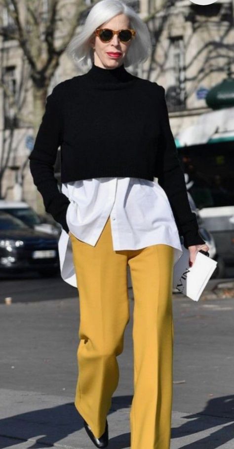 Yellow Trousers Outfit, Yellow Pants Outfit, Fashion Over Fifty, Style Parisienne, Wardrobe Refresh, Yellow Pants, Yellow Outfit, Ageless Style, Trendy Fall Outfits