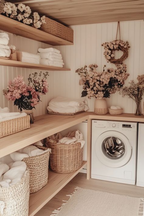 modern laundry room shelving Small Laundry Renovation Ideas, Townhouse Laundry Room, Laundry Room Boho Ideas, Boho Small Laundry Room, Laundry Shelving Ideas Small Spaces, Small Laundry Room Entry Way, Small Cottage Laundry Room, Airbnb Laundry Room, Modern Organic Laundry Room