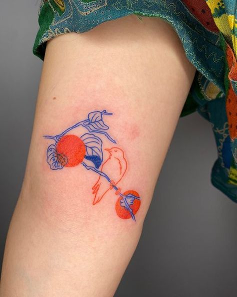 Tattoo Without Outline, Persimmons Tattoo, Fine Line Tattoo Color, Red Upper Arm Tattoo, Two Tone Tattoo, Sara Bareilles Tattoo, Persimmon Illustration, Red Linework Tattoo, Mandarin Tattoo