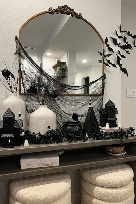 Obsessed with my corner of spookiness at home! So easy to add just a couple of small Halloween decorations to add festivities to your space. SHOP NOW! Small Halloween Decorations, Halloween Entry Table, Halloween Living Room Decor, Apartment Halloween, Halloween Living Room, Elegant Halloween, Dark Home Decor, Spooky Szn, Diy Halloween Projects