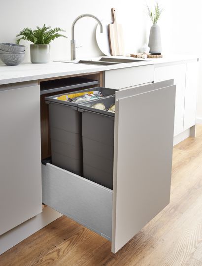 ECO-base for 500mm Cabinet, Stainless Steel Bin Drawer Kitchen, Kitchen Bin Storage Ideas, Kitchen Sink Units, Organizing Kitchen, Kitchen 2024, Grey Drawers, Drawer Bins, Handleless Kitchen, Utensil Drawer