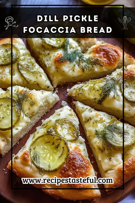 A delicious twist on traditional focaccia, this Dill Pickle Focaccia Bread features a soft, flavorful crust topped with a creamy garlic sauce, dill pickle slices, and melted mozzarella cheese. Perfect as an appetizer or side dish, it combines tangy and savory flavors that will impress your guests. Dill Pickle Bread, Pickle Bread, Dill Pickle Slices, Sticky Bun, Pickle Slices, Creamy Garlic Sauce, Freshly Baked Bread, Bake Bread, Focaccia Bread