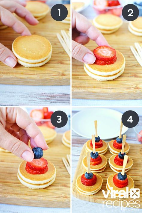 Mini Pancake Skewers with Silver Dollar Pancakes | Viral Recipes Pancake Appetizer Mini, Mini Pancake Skewers, Kids Brunch Party Food, Mini Pancakes Ideas, Mini Pancake Bites, Pancake Kabobs, French Hot Chocolate Recipe, Pancake Skewers, Breakfast Finger Foods