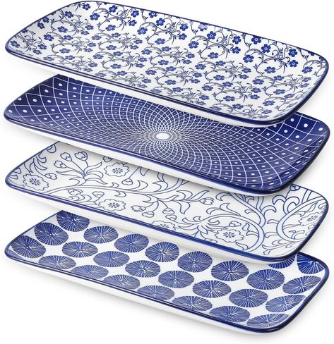 Amazon.com | Selamica Ceramic Rectangular Serving Platters Set of 4, 12 Inch Serving Trays/Dishes for Party Entertaining, Rectangular Dinner Plates for Appetizer Salad Dessert Sushi, Gift, Vintage Blue: Platters Dishes For Party, Appetizer Salad, Dessert Sushi, Modern Chinoiserie, First Wedding Anniversary Gift, Chanukah Decor, How To Celebrate Hanukkah, Small Candle Holders, Hanukkah Decorations