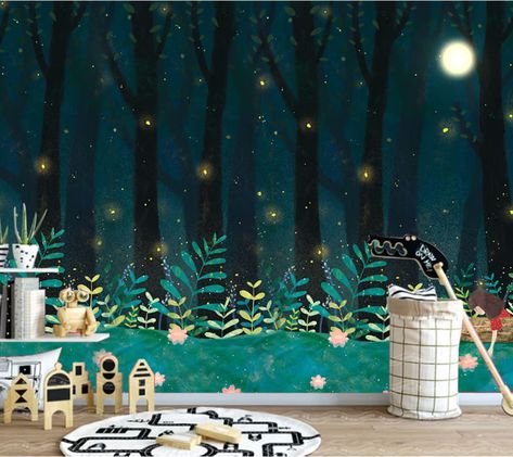 Enchanted Forest Mural, Cartoon Forest, Deer Wallpaper, Safari Wallpaper, Forest Mural, Nursery Wall Murals, Forest Wall Mural, Pastel House, Photo Mural