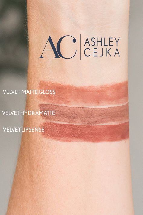 Velvet Matte Gloss compared to Velvet HydraMatte versus Velvet LipSense Swatches. See how each compares to each other. This matte pink-brown comes in three different formulas. See more at ashleycejka.com Velvet Lipsense, Lipsense Pinks, Lipsense Gloss, Long Lasting Lip Color, Lipsense Colors, Matte Gloss, Lips Shades, Lip Designs, Matte Pink