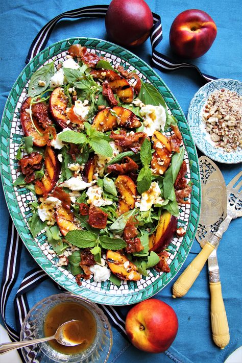 Grilled Nectarine, Rocket & Buffalo Mozzarella Salad with Hazelnuts & Crispy Prosciutto – T O N I B R A N C A T I S A N O Interesting Salads, Nectarine Salad, Make Your Own Pasta, Crispy Prosciutto, Summertime Salads, Rocket Salad, Filled Pasta, Mozzarella Salad, Mint Salad