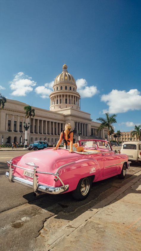 girl sitting on pink car in front of Capitolio Old Havana Cuba, Cuba Itinerary, Cuba Culture, Cuba Beaches, Cuba Photography, Cuba Photos, Visit Cuba, Cuba Travel, Havana Cuba