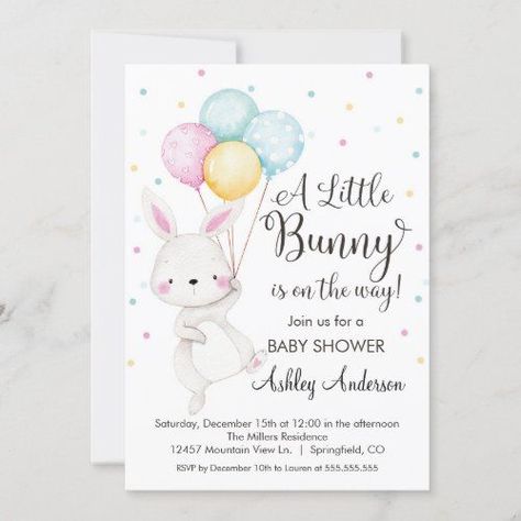 $ 3.05 | Little Bunny Balloons Baby Shower Invitation #little bunny #balloons #baby #invitation #is on the way #cute #pie Bunny Balloons, Bunny Birthday Theme, Some Bunny Is One Birthday, Bunny Balloon, Some Bunny Is Turning One, Bunny 1st Birthday, Bunny Invitations, Some Bunny Is One, Bunny Theme