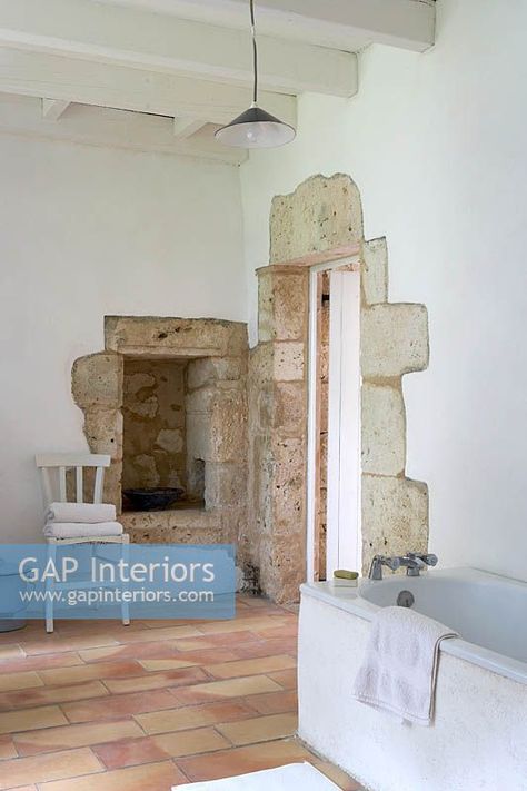 Exposed stone walls in bathroom Exposed Stone Wall Interior, Stone Wall Feature, Indoor Stone Wall, Exposed Stone Wall, Walls In Bathroom, Snug Ideas, Uk Cottage, Stone Doorway, France House