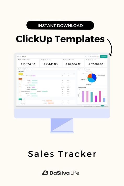 Simple ClickUp Template for Sales Tracking -- DaSilva Life. Track your monthly and yearly sales with this easy and automated sales tracker. It includes zapier templates to automate your tracking and a dashboard tutorial to easily see your numbers at a glance. #businessorganization #launchseason (CLICK ON THE PHOTO AND LEARN MORE) ClickUp is one of my favourite apps or on Sales Trackers, Sales Tracker Template, Clickup Templates, Sales Tracker, Tracker Template, Project Management Tools, Web Design Agency, Business Organization, Business Infographic