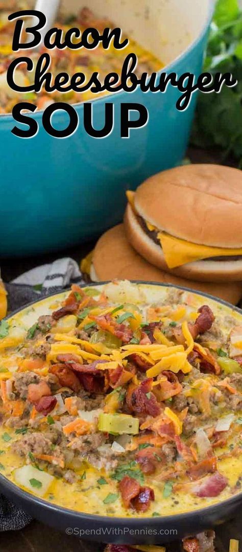 Bacon Cheeseburger Soup is a hearty and creamy take on America's favorite cheeseburger. The soup is full of flavor, easy to make and comforting. #spendwithpennies #baconcheeseburger #soup #easyrecipe #weekdaymeal #heartymeal #cheeseburger #bacon Bacon Cheeseburger Dip, Bacon Cheeseburger Soup, Cheese Burger Soup Recipes, Spend With Pennies, Fall Soup Recipes, Cheeseburger Soup, Burger Toppings, Cheese Burger, Cheesy Bacon