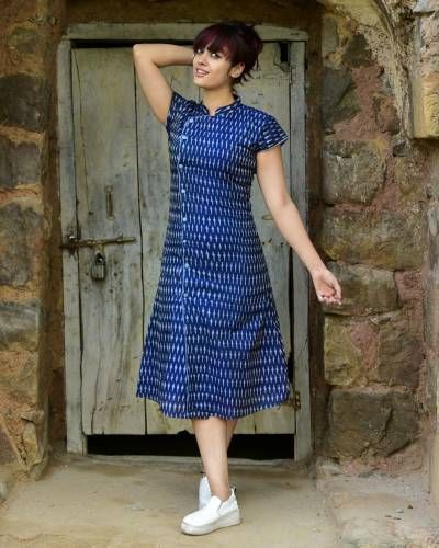 Navy Asymmetrical Ikat Dress Ikat Motifs, Dress Kurti, The Secret Label, Kalamkari Dresses, Ikkat Dresses, Casual Frocks, Ikat Dress, Gaun Fashion, Frock For Women