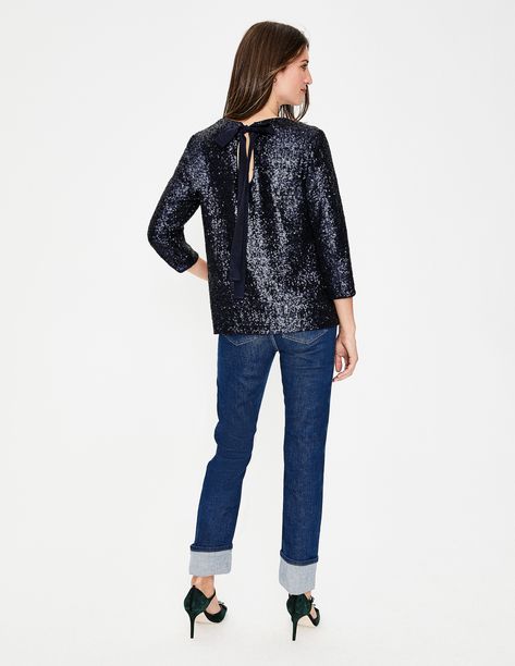 Navy Blue Sequin Bow Back Top Bow Back Top, Nina Campbell, Glitter Headbands, Shearling Slippers, Sequin Bow, Sequin Top, Click Here, J Crew, Open Shoulder Tops