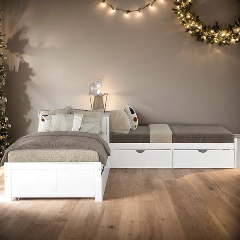 2 Bed in 1 Kids Bed L-shaped Twin Size Platform Bed with Trundle and Drawers Linked with built-in Desk Bedroom Furniture, Gray - Bed Bath & Beyond - 39763102 Twin And Full Size Bed In One Room, Kids Bed Small Room, Corner Beds Ideas, Queen And Twin Bed In One Room, 2 Single Beds In One Room Ideas, Twin Beds Corner, Corner Beds For Kids, L Shaped Twin Beds Ideas, Small Bedroom 2 Beds Ideas