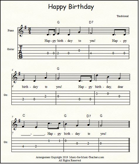 Guitar tablature and chords for Happy Birthday, key of G Happy Birthday Guitar Chords, Happy Birthday Guitar, Guitar Chord Sheet, Birthday Guitar, Tabs Guitar, Happy Birthday Song Video, Sheet Music For Guitar, Songs Guitar, Popular Piano Sheet Music