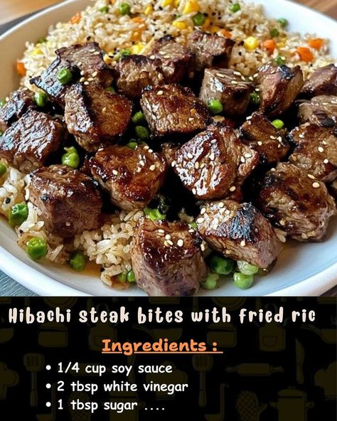 Ingredients Steak Sauce: 1/4 cup soy sauce 2 tbsp white vinegar 1 tbsp sugar... Hibachi Steak Bowls, Black People Recipes For Dinner, Habatchi Recipes Hibachi Steak, Steak Hibachi Recipe, Hibachi Beef, Habatchi Recipe, Hibachi Steak And Fried Rice, Hibachi Steak Recipe, Hibachi Sauce