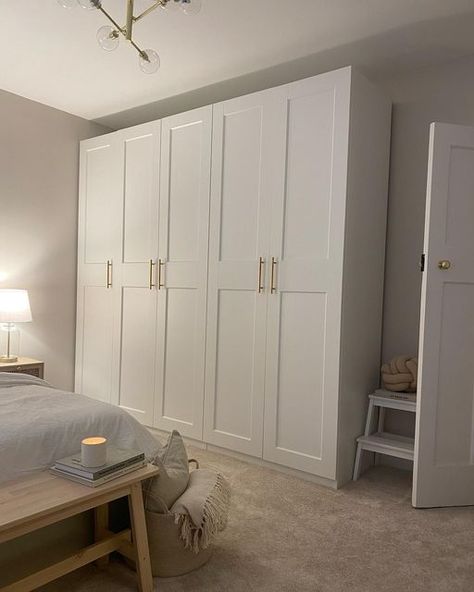 ɴᴏ.ᴇɪɢʜᴛᴏᴜʀʜᴏᴍᴇ on Instagram: "So many questions about the wardrobes so I thought I’d do a post 🤍 Swipe to see layout inside (you can design them exactly how you wish) We designed them using the IKEA Pax tool, the doors are Grimo and handles are from Amazon. The size is W250cm, H236cm D58cm. Achieving the look we wanted for an amazing price! 🤍" Floating Nightstand Ideas, Modern Floating Nightstand, Practical Home Decor, Nightstand Ideas, Redecorate Bedroom, Ikea Pax, Minimalist Room, Room Makeover Bedroom, Room Makeover Inspiration