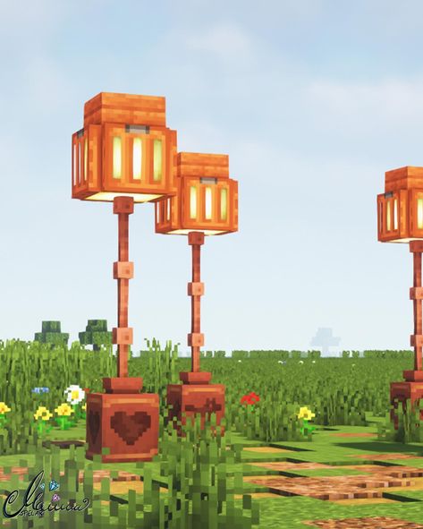 💡Would you build these in your world?💡 I really like the pottery in the bottoms. With different sherds they all get a little bit different 😄 survival friendly design ⛏️ . . . #minecraft #minecraftsurvival #minecraftbuilds #minecraftbuild #minecraftideas #minecraftidea #minecraftpc #minecraftvanilla #minecraft #minecrafters #minecrafter #minecraftonly #minecraftdaily #minecraftjava #minecraftinspiration #minecraftcreations #minecraftinterior #minecraftdecorations #minecraftdecoration #minecraf... Street Light Minecraft Ideas, Minecraft Shroom Light Ideas, Minecraft Power Lines, Minecraft Strip Mine Design, Minecraft Sign Post, Minecraft Medieval Street, Minecraft Street Lights, Minecraft Organization, Minecraft Lamp Ideas