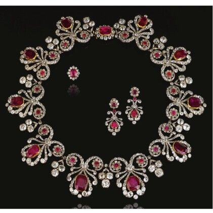 Diamond Parure, Georgian Jewelry, Red Stones, Diamond Tiara, Family Jewels, Ruby Necklace, Royal Jewels, Ruby Jewelry, A Necklace