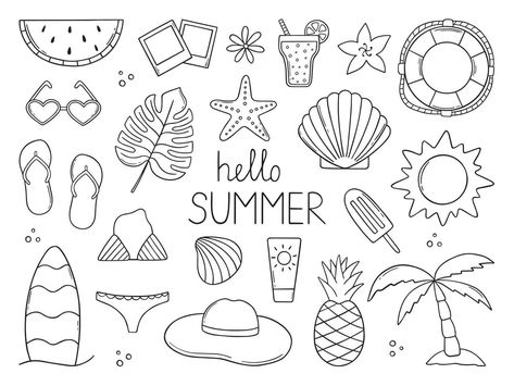 Set of summer doodle.  Summer beach elements in sketch style. Hand drawn vector illustration isolated on white background. Doodles Preppy, Summer Drawings Doodles, Easy Beach Drawings, Beachy Doodles, Drawing Ideas Summer, Beach Doodle, Beach Doodles, June Planner, Jane Maday