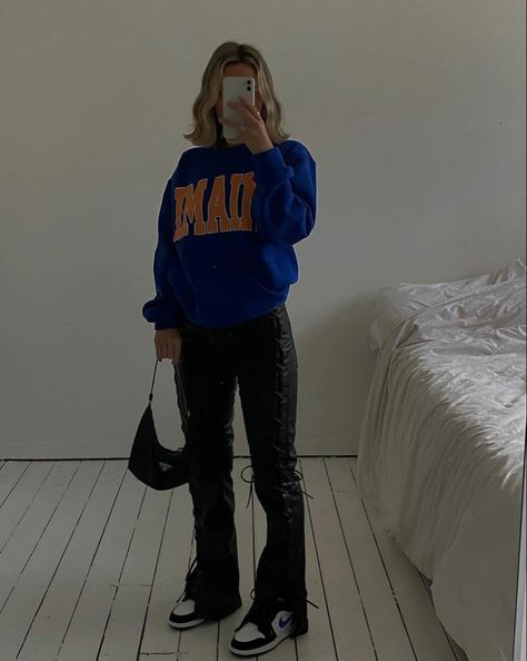 Leather Pants With Sweatshirt, Chill Leather Pants Outfit, Leather Pants Tshirt Outfit, Straight Leg Leather Pants Outfit Casual, Leather Pants And Sweatshirt Outfit, Leather Pants And Hoodie Outfit, Leather Pants And Jordans, Black Leather Pants Outfit Spring, Outfits With Black Leather Pants