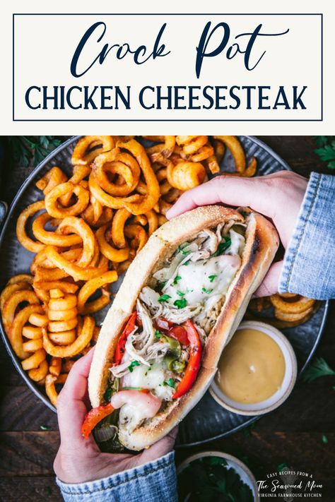 The classic Philly chicken cheesesteak becomes an easy weeknight dinner recipe-- thanks to the convenience of a slow cooker! With garlic, peppers, onions, Italian seasoning, and melted provolone cheese, this simple Crock Pot chicken cheesesteak recipe is full of satisfying flavor. Serve the tender, juicy shredded chicken on toasted hoagie rolls, and pair the sandwiches with a simple green salad, French fries, or crunchy potato chips. Philly Chicken Cheesesteak, Chicken Cheesesteak Recipe, Chicken Philly Cheesesteak, Chicken Cheesesteak, Best Freezer Meals, Cheesesteak Recipe, Crunchy Potatoes, Ragu Recipe, Freezable Meals