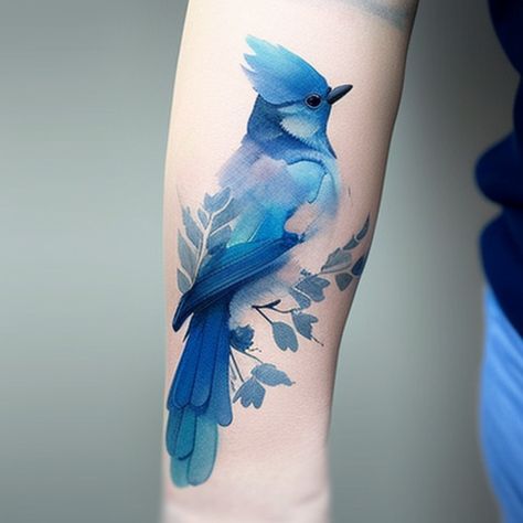 Blue Jay tattoo watercolor Style ethereal 01 Blue Jay Tattoo Realistic, Blue Jay Tattoo Small Outline, Blue Chinese Tattoo, Birds And Butterflies Tattoo, Nuthatch Bird Tattoo, Small Blue Jay Tattoo, All Blue Tattoo, Blue Jay Feather Tattoo, Blue Tattoo Design