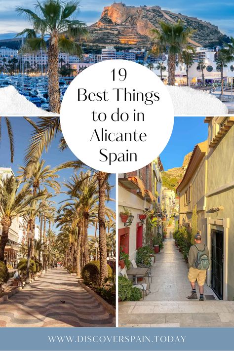 3 images of Alicante in Spain with the castell santa barbara, palmtrees on the promenade of Alicante Alicante Spain Things To Do In, Alicante Photo Ideas, Alicante Spain Aesthetic, Alicante Beach, Spain Alicante, Spain Aesthetic, Spain Travel Guide, Coastal City, Travel Spain